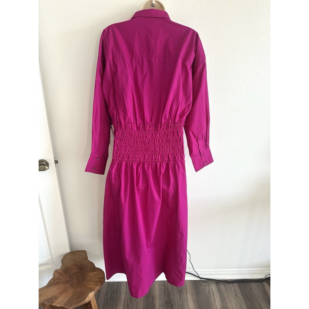 Apiece Apart Smocked Shirt Dress NWT Sz S Fuchsia Midi Cotton Poplin Collared - Picture 6 of 10